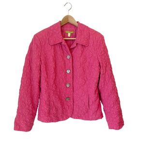 Sigrid Olsen Quilted Embroidered Jacket Large Floral Pink Button Cottage Cotton
